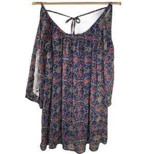 Umgee Womens Small Cold Shoulder Boho Tunic Blue Red Floral Lace Peasant Top